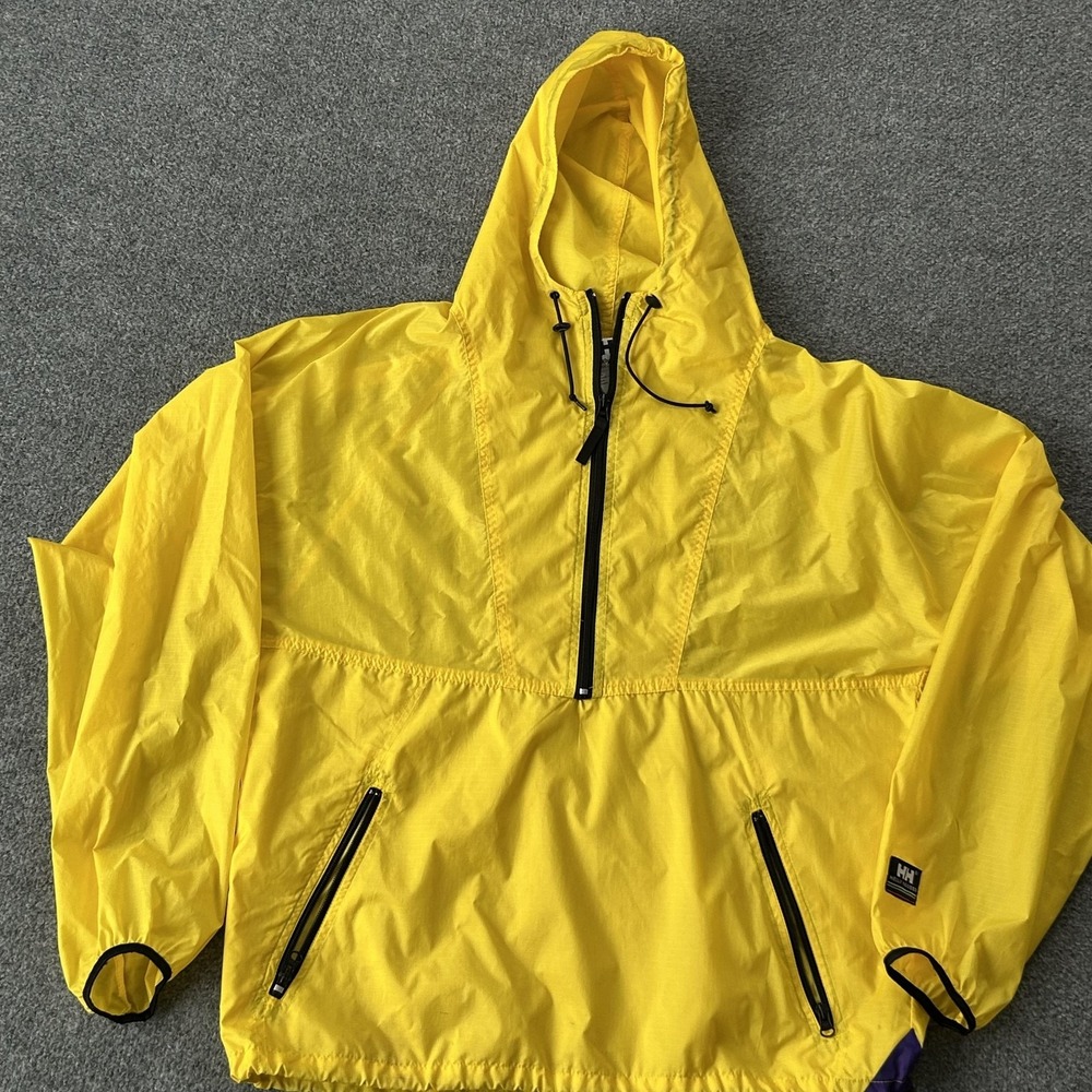 Helly Hansen Jacket Mens Medium Yellow Hooded 1/2 Zip Pullover Windbreaker Nylon